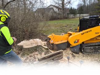 grinding a stump using a skidsteer 